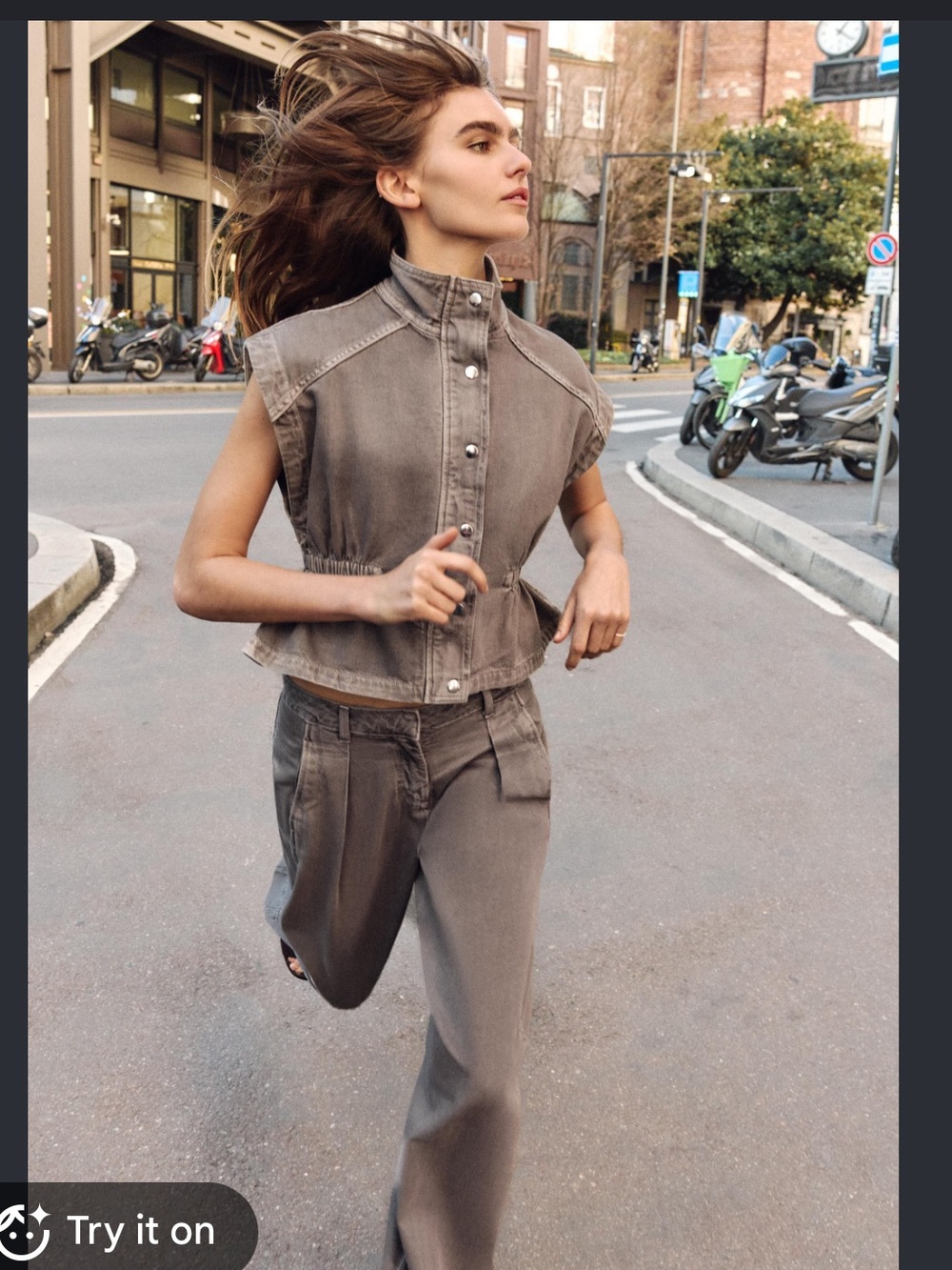 ZARA Taupe Gray Denim Vest and Wide-Leg Pants Set